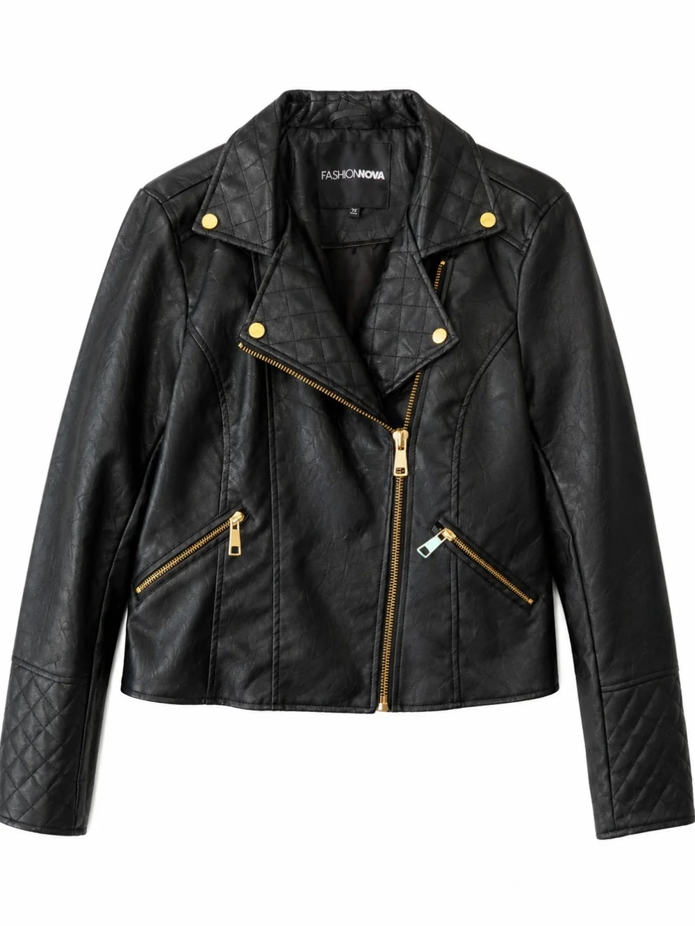 Fashion Nova Black Faux Leather Moto Quilted Jacket Medium EUC